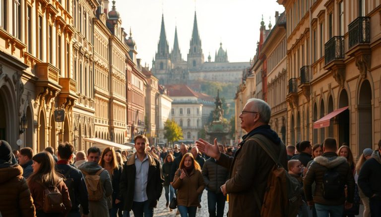 A bustling city street in Prague, with ornate Baroque architecture lining the sidewalks. Groups of tourists follow their guides, eagerly listening as they share tales of the city's rich history. The warm, golden light of the afternoon sun bathes the scene, creating a cozy, inviting atmosphere. In the foreground, a guide gestures animatedly, captivating their audience with stories of the city's storied past. The middle ground features a mix of locals and visitors, strolling leisurely or pausing to admire the stunning buildings. In the background, the iconic spires of Prague Castle rise up, a reminder of the city's enduring legacy. Overall, the image conveys the excitement and wonder of exploring a new destination through the lens of a guided tour.