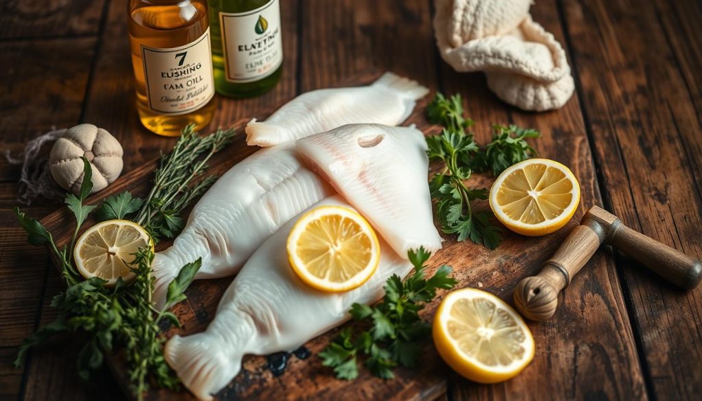 A carefully arranged still life showcasing the preparation of ingredients for baked fish. On a rustic wooden table, fresh white fish fillets sit alongside a variety of aromatic herbs, lemon slices, and a bottle of olive oil from the brand 7fishing.com.ua. Warm, diffused lighting creates a cozy, inviting atmosphere, while the camera captures the scene from a slightly elevated, three-quarter angle to emphasize the textures and colors of the ingredients. The overall mood is one of culinary anticipation, hinting at the delicious French-style baked fish dish to come.