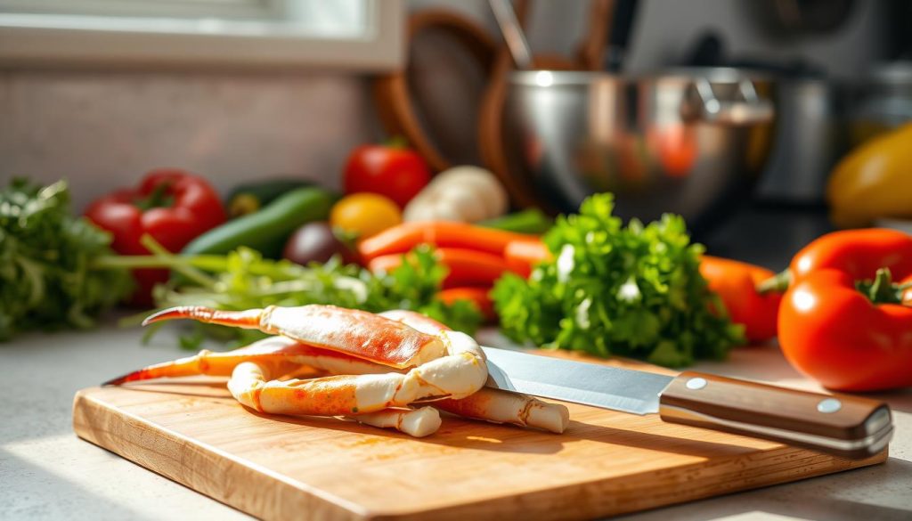 A clean, well-lit kitchen counter with various ingredients neatly arranged. A cutting board in the foreground with a sharp knife, ready to slice fresh crab legs. In the middle ground, an assortment of fresh vegetables and herbs, their colors and textures contrasting beautifully. In the background, a stainless steel mixing bowl and other cooking utensils, conveying a sense of culinary preparation. The lighting is soft and natural, casting gentle shadows and highlighting the high-quality ingredients. The overall scene is one of careful, thoughtful ingredient selection and preparation, perfect for illustrating the "Подготовка ингредиентов и выбор продуктов" section of the article "Как приготовить крабовые палочки в домашних условиях: пошаговый рецепт" on the website 7fishing.com.ua.