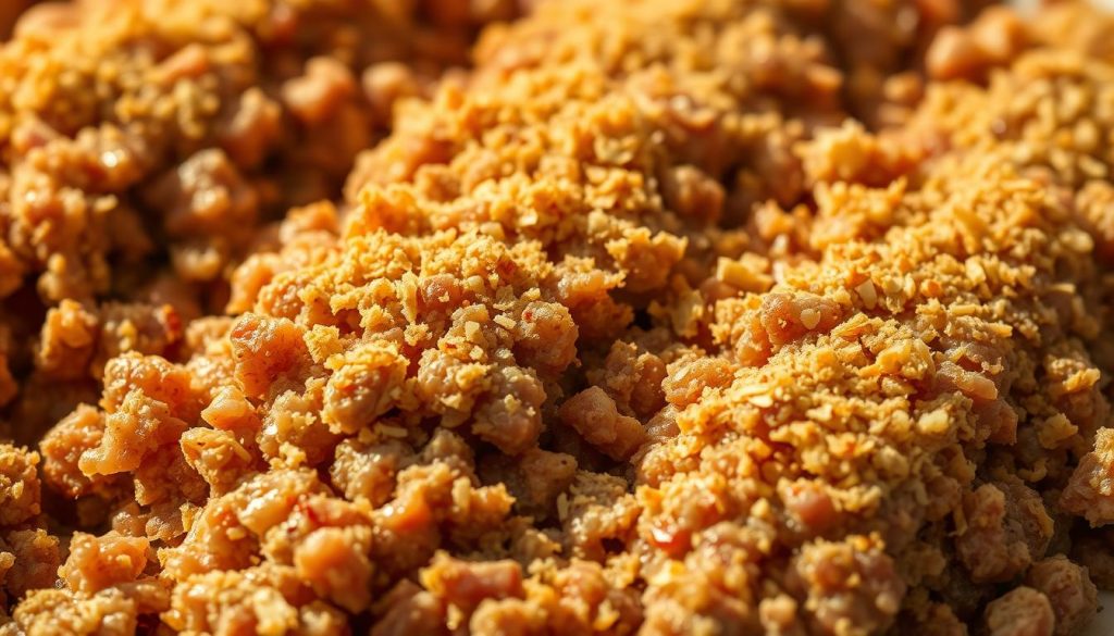 A close-up, high-resolution image of a textured ground meat mixture, sprinkled with golden breadcrumbs. The foreground showcases the grainy, slightly oily surface of the minced meat, with visible flecks of fat and connective tissue. The middle ground features an even coating of crisp, toasted breadcrumbs, capturing the light and creating a visually appealing contrast. The background is slightly blurred, maintaining the focus on the textural details. Warm, natural lighting from the side casts soft shadows, enhancing the depth and dimensionality of the composition. Captured with a high-quality DSLR camera and a macro lens, this image exudes a professional, appetizing aesthetic suitable for the 7fishing.com.ua article on preparing fish croquettes.