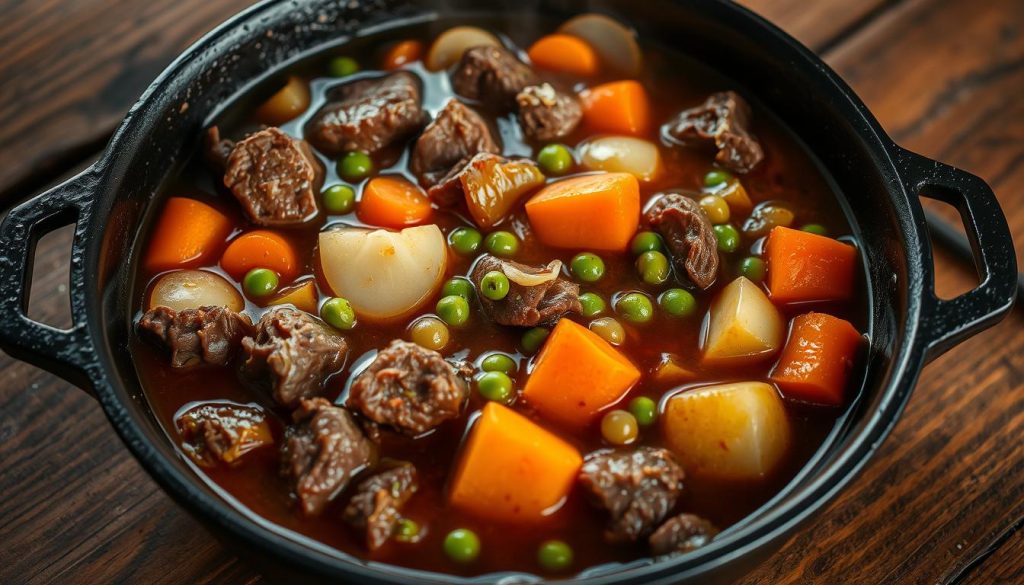 A close-up of a hearty beef stew simmering in a cast-iron skillet, the tender chunks of beef nestled among a medley of fresh vegetables - carrots, potatoes, onions, and peas. The rich, aromatic broth glistens under the warm, directional lighting, creating an inviting, homemade atmosphere. The skillet is positioned on a rustic wooden table, creating a sense of comfort and authenticity. The overall scene conveys the simplicity and deliciousness of this classic stovetop beef dish.