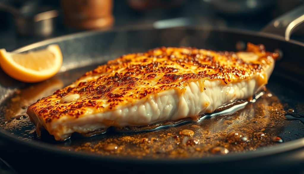 A close-up shot of a crispy, golden-brown fish fillet sizzling on a hot cast-iron skillet, with droplets of oil glistening on the surface. The fish is perfectly seared, creating a delectable crust that contrasts with the moist, flaky interior. The lighting is warm and evenly distributed, casting a soft, inviting glow on the scene. The skillet is positioned at a slight angle, allowing for a dynamic perspective that showcases the intricate texturing of the crust. In the background, a subtle blur of kitchen utensils and ingredients suggests a professional culinary setting. The overall mood is one of appetite-inducing temptation, inviting the viewer to indulge in the art of pan-searing for the ultimate 7fishing.com.ua fish dish.