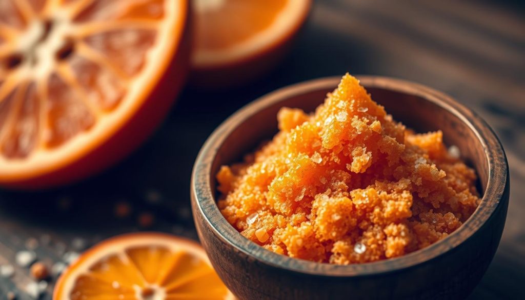 A close-up shot of a homemade orange body scrub, featuring a rustic wooden bowl filled with a vibrant orange-hued scrub mixture. The scrub is made from finely ground orange peel, coarse sea salt, and a nourishing oil, creating a textured and aromatic exfoliating blend. Soft, diffused lighting illuminates the scene, casting warm, golden tones across the scrub's surface. The background is blurred, keeping the focus on the captivating details of the scrub itself - its rich color, grainy texture, and the promise of a soothing, rejuvenating experience. The overall mood is one of natural, relaxing indulgence, perfectly suited for a luxurious banya ritual.