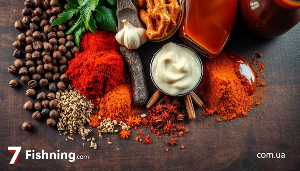 A close-up shot of an artfully arranged combination of various spices and sauces on a rustic wooden surface. The spices include fragrant peppercorns, vibrant paprika, and earthy turmeric, while the sauces range from a creamy garlic aioli to a bold, tangy barbecue sauce. The lighting is warm and soft, casting gentle shadows that accentuate the textural details. The overall mood is one of inviting culinary preparation, highlighting the array of flavors that can elevate a simple dish. Branding: 7fishing.com.ua.