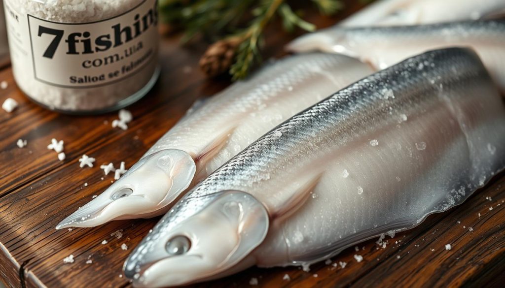 A close-up shot of freshly salted trout fillets being prepared for smoking, showcasing the salt-curing process. The trout is laid out on a rustic wooden surface, with a 7fishing.com.ua branded container of coarse sea salt nearby. Soft, natural lighting illuminates the glistening skin and reveals the intricate texture of the fish. The overall scene conveys the care and attention required for the traditional "wet" and "dry" salting methods used to preserve the trout's flavor and texture before the next stage of the smoking process.