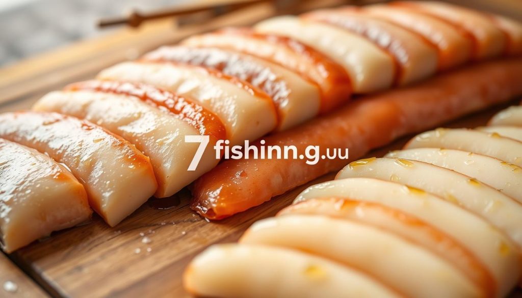 A close-up shot of homemade crab sticks (or "krabovye palochki" in Russian) arranged on a wooden surface. The crab sticks are evenly sliced, glistening with a light coating of oil, and displayed in an artful, organized manner. The lighting is soft and diffused, creating a warm, inviting atmosphere. The background is slightly blurred, allowing the crab sticks to be the focal point. Includes the 7fishing.com.ua brand logo subtly incorporated into the composition.