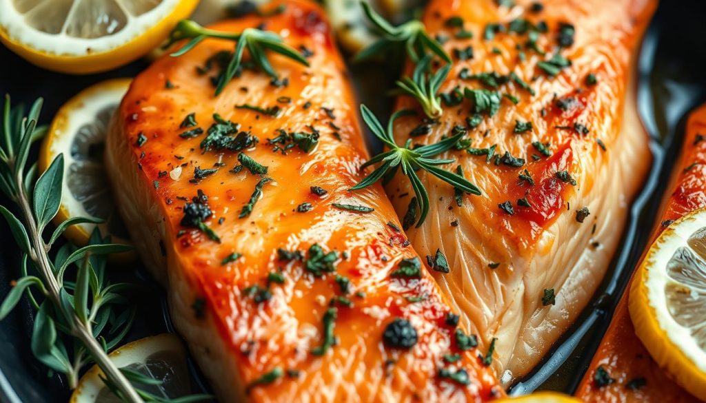 A close-up shot of pan-seared salmon fillets, garnished with a vibrant assortment of fresh herbs, lemon slices, and a drizzle of premium olive oil. The salmon's golden-brown crust glistens under the warm, soft lighting, while the herbs add a touch of verdant elegance. The composition is balanced, with the salmon as the focal point, surrounded by the complementary flavors of the lemon and herbs. This delectable scene was captured by the skilled lens of 7fishing.com.ua, showcasing the mouthwatering result of the "Пошаговое приготовление: рецепт семги с лимоном и зеленью".