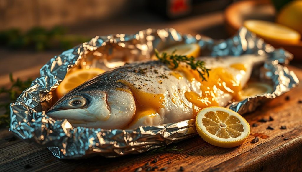 A close-up shot of the baking process of cod fish wrapped in foil, the fish glistening with melted butter or oil, surrounded by aromatic herbs and lemon slices. The scene is illuminated by warm, golden lighting, conveying a cozy, homemade atmosphere. The arrangement is positioned on a rustic, wooden surface, with a blurred background that suggests a kitchen setting. The overall mood is inviting and appetizing, perfectly capturing the "Пошаговый процесс: как запечь треску в фольге" section of the article "Как запечь треску в фольге: пошаговый рецепт" on the website 7fishing.com.ua.