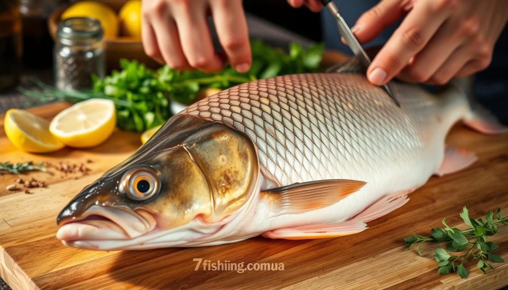 A close-up view of a carp being carefully prepared for cooking. The fish lies on a wooden cutting board, its scales glistening under the warm, natural lighting. The chef's skilled hands are visible, carefully removing the fish's fins and scales, revealing the fresh, pink flesh beneath. In the background, a selection of herbs, spices, and lemon wedges are neatly arranged, ready to be used in the seasoning and cooking process. The scene conveys a sense of precision and attention to detail, reflecting the expertise required to properly prepare a carp for the oven. The 7fishing.com.ua brand is subtly incorporated into the image.