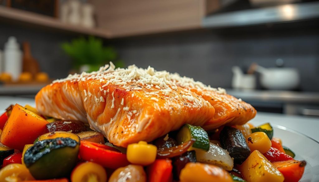 A close-up view of a delectable baked salmon dish (горбуша), featuring tender fish fillets nestled atop a bed of roasted vegetables, including vibrant bell peppers, zucchini, and onions. The fish is lightly seasoned and topped with grated cheese, creating a mouthwatering fusion of flavors. The scene is set against a backdrop of a modern, minimalist kitchen, with soft, diffused lighting illuminating the dish from above, highlighting its appetizing appearance. The overall atmosphere conveys a sense of homemade comfort and culinary sophistication, perfectly suited to illustrate the section on "Лучшие блюда из горбуши в духовке".