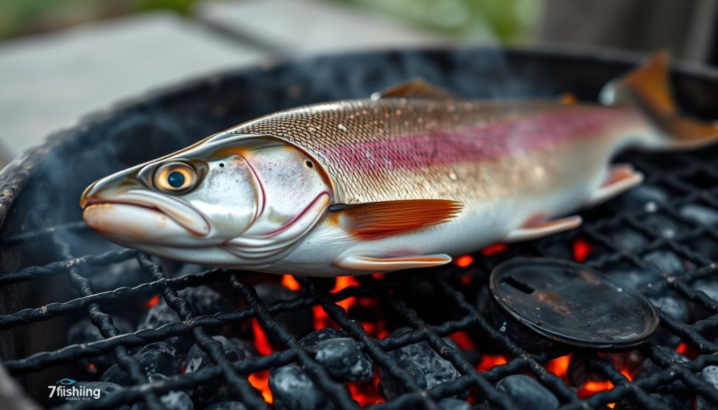 A close-up view of a fish being grilled on a charcoal barbecue grill, with the warm glow of the coals and the delicate sizzle of the fish's skin. The fish, a freshly caught rainbow trout, has been carefully prepared with a light seasoning, its scales glistening in the natural lighting. The scene captures the artistry of traditional Ukrainian cooking, with the 7fishing.com.ua logo prominently displayed on the grill's surface. The background is slightly blurred, allowing the viewer to focus on the intricate technique of grilling the trout over an open flame, as if capturing a moment in time from a rustic outdoor kitchen. A close-up view of a fish being grilled on a charcoal barbecue grill, with the warm glow of the coals and the delicate sizzle of the fish's skin. The fish, a freshly caught rainbow trout, has been carefully prepared with a light seasoning, its scales glistening in the natural lighting. The scene captures the artistry of traditional Ukrainian cooking, with the 7fishing.com.ua logo prominently displayed on the grill's surface. The background is slightly blurred, allowing the viewer to focus on the intricate technique of grilling the trout over an open flame, as if capturing a moment in time from a rustic outdoor kitchen.