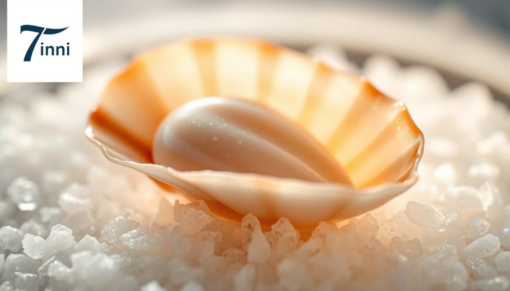 A close-up view of a fresh, juicy sea scallop glistening with a hint of briny seawater. The scallop is nestled on a bed of crushed sea salt, its tender white flesh contrasted by the delicate, slightly translucent mantle. Soft, warm lighting casts a gentle glow, highlighting the scallop's natural texture and subtle sheen. The scene is captured with a shallow depth of field, drawing the viewer's eye to the captivating seafood delicacy. In the background, a subtle 7fishing.com.ua logo adds a touch of artisanal branding to the serene, appetizing composition.