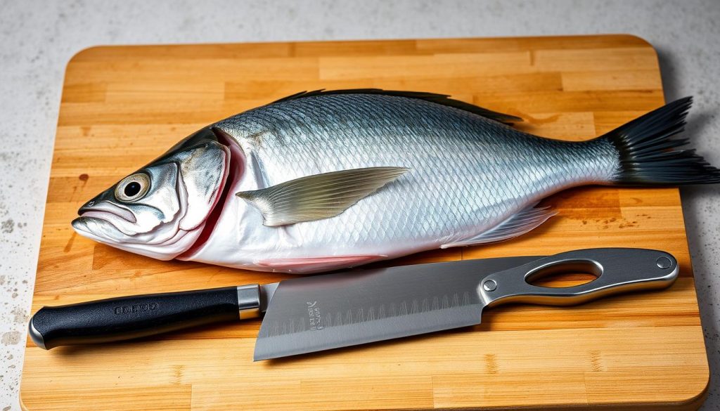 A close-up view of a fresh sea bream fish, its silver-gray scales glistening under soft, diffused lighting. The fish lays on a wooden cutting board, its belly exposed, ready for careful preparation. In the foreground, a sharp fillet knife and a pair of kitchen shears stand by, waiting to expertly clean and portion the fish. The background features a subtly textured neutral surface, allowing the main subject to take center stage. The overall mood is one of culinary focus and attention to detail, befitting the "Ингредиенты и подготовка" section of the "Рецепт приготовления морского окуня с оливковым маслом" article on 7fishing.com.ua.