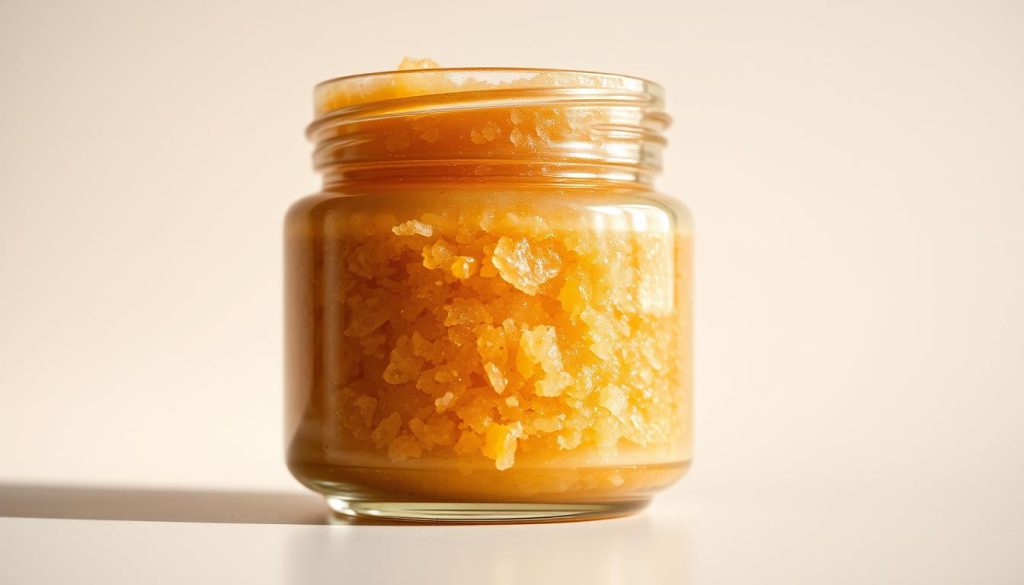 A close-up view of a glass jar filled with a smooth, honey-colored honey-salt scrub. The jar is set against a plain, neutral background, showcasing the scrub's luxurious texture and color. Soft, natural lighting illuminates the scrub, highlighting its shimmering, grainy consistency. The jar's glass surface reflects the light, creating a warm, inviting atmosphere. The composition emphasizes the scrub's tactile qualities, inviting the viewer to imagine the sensation of gently massaging it into the skin during a rejuvenating spa treatment. The overall mood is one of pampering, relaxation, and the indulgent benefits of honey-based self-care.