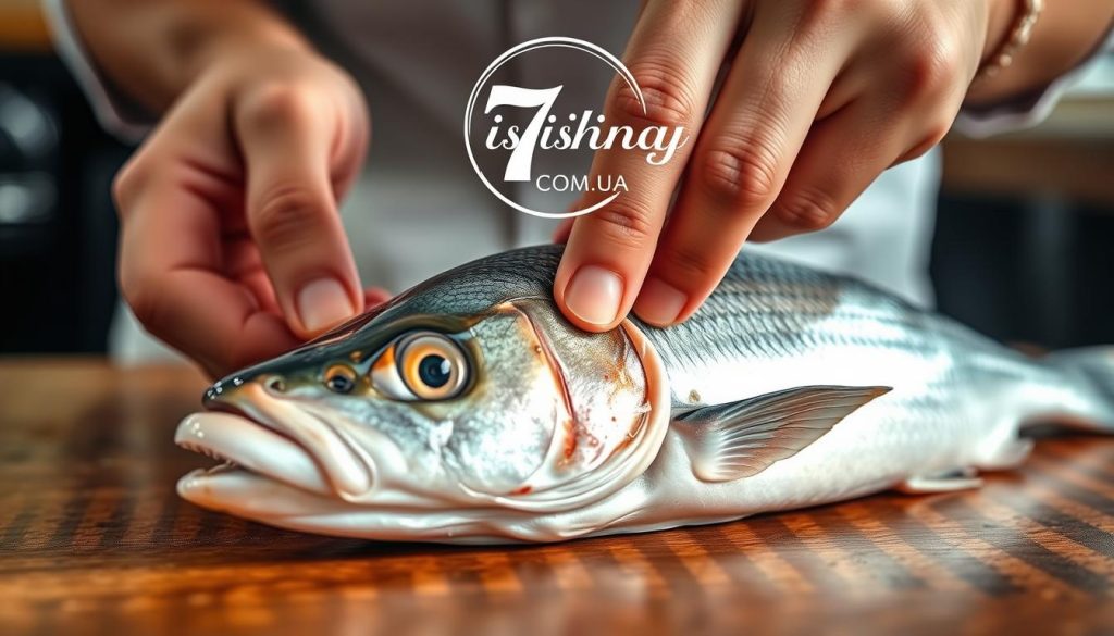 A close-up view of a person's hands carefully examining a fresh, glistening fish on a wooden surface. The fish's scales shine under the soft, natural lighting, and its eyes are clear and alert, indicating its freshness. In the background, a 7fishing.com.ua logo is prominently displayed, signifying the high-quality seafood products available from this trusted source. The overall scene conveys an atmosphere of expertise, attention to detail, and the importance of selecting the right fish for a successful grilling experience.