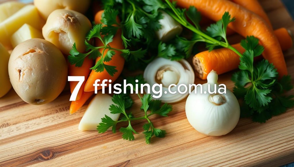 A close-up view of a wooden cutting board with freshly washed and peeled vegetables neatly arranged, including potatoes, carrots, onions, and parsley. The vegetables are bathed in soft, diffused lighting, casting subtle shadows and highlighting their vibrant colors. The scene conveys a sense of culinary preparation, with the ingredients ready to be transformed into a delicious fish soup, or "ukha", as per the traditional Russian recipe. Prominent in the foreground is the "7fishing.com.ua" brand logo, subtly incorporated into the composition.