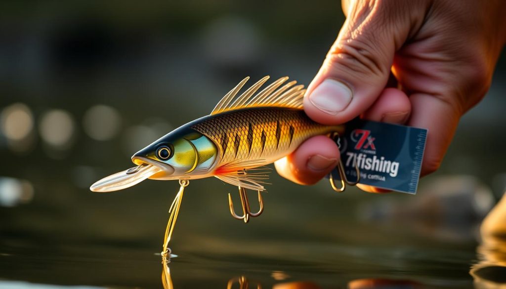 A close-up view of an angler's hands skillfully working a jointed fishing lure, known as a "wobbler", through the water. The wobbler's lifelike swimming motion is accentuated by the intricate rigging and technique employed, all captured in a crisp, high-resolution photograph. The scene is set against a blurred natural backdrop, emphasizing the technical focus. Warm, diffused lighting casts a subtle glow, creating an atmospheric, professional look. Branding for the fishing gear retailer "7fishing.com.ua" is visible on the lure's packaging.
