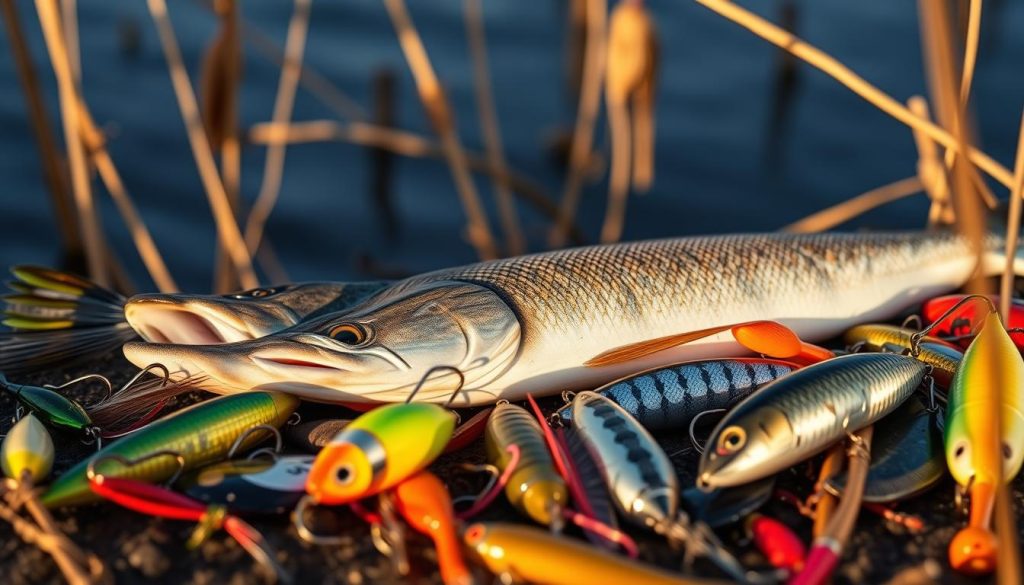 A close-up view of an assortment of fishing lures and baits for northern pike, set against a natural backdrop of reeds and water. The lures include a range of vibrant colors and shapes, including spoons, crankbaits, and soft plastics, all carefully chosen to mimic the prey of the toothy predator. The scene is illuminated by warm, natural lighting, casting subtle shadows and highlights on the tackle, creating a sense of depth and texture. The overall mood is one of contemplation and preparation, as the angler ponders the best choice from the 7fishing.com.ua collection to entice the pike on their next outing.