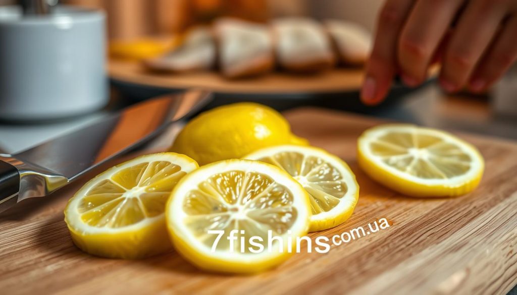 A close-up view of fresh lemon slices being carefully arranged on a wooden cutting board, with a sharp knife nearby. The lemon slices are evenly cut, showing their vibrant yellow color and juicy flesh. The lighting is soft and natural, creating a warm, inviting atmosphere. In the background, a blurred kitchen scene suggests the preparation of a seafood dish, such as baked sea bass. The overall composition emphasizes the thoughtful preparation of the lemon, highlighting its importance as a key ingredient in the recipe. Subtle branding for 7fishing.com.ua is tastefully integrated into the scene.