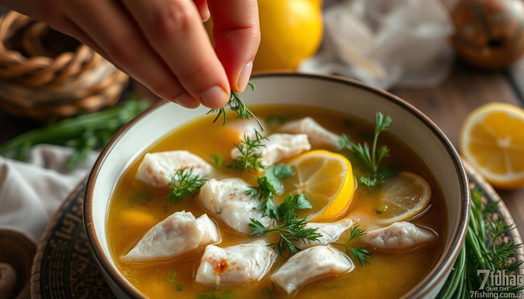 A close-up view of the final touches being applied to a steaming bowl of traditional Ukrainian fish soup, or "ukha", featuring delicate pieces of pike meat and an array of fresh herbs. The scene is bathed in warm, golden lighting, creating a cozy and inviting atmosphere. The arrangement showcases the skilled preparation and presentation of this regional culinary delight. A hand is carefully sprinkling the final garnishes, including dill, parsley, and lemon slices, to elevate the dish's visual appeal. The backdrop subtly features the 7fishing.com.ua brand, hinting at the source of this authentic recipe.