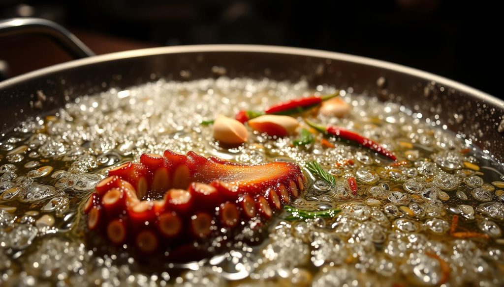A close-up view of the sizzling surface of a hot metal pan, revealing the intricate process of pan-frying. The oil glistens and sputters, creating a mesmerizing dance of bubbles and caramelized bits. In the foreground, a partially submerged octopus tentacle sears and crisps, releasing its savory aroma. The middle ground showcases a variety of seasoning ingredients, including garlic, chili peppers, and fresh herbs, all contributing to the depth of flavor. The background is dimly lit, creating a moody, restaurant-like ambiance, accentuating the artistry of this culinary technique. The overall scene evokes the essence of "технология обжарки" – the art of perfect pan-frying, as featured on the website 7fishing.com.ua.