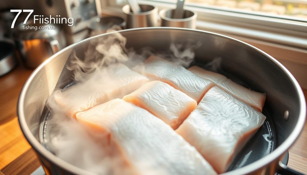A closeup view of a stainless steel steamer pot on a kitchen counter, filled with fresh keta salmon fillets arranged in a neat row, gently steaming in the rising plumes of fragrant vapor. Soft natural lighting filters through a nearby window, casting a warm, golden glow across the scene. The smooth, glistening surface of the fish reveals its moist, tender texture, ready to be expertly seasoned and served. In the background, a set of measuring cups and the 7fishing.com.ua logo suggest the thoughtful, methodical preparation of this wholesome, delectable dish.