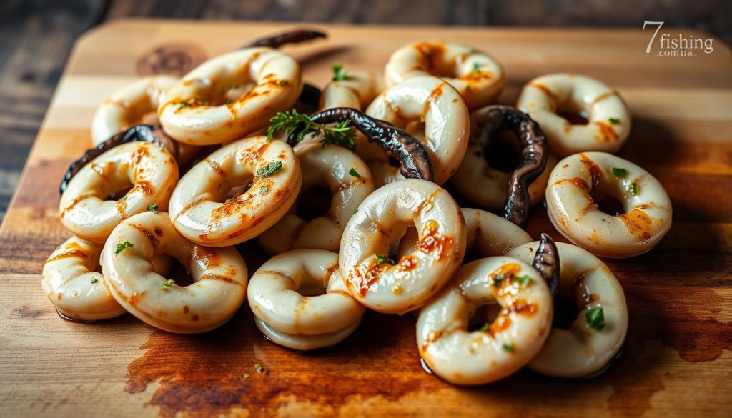A collection of marinated grilled calamari, meticulously arranged on a rustic wooden surface. The calamari rings are glistening with a savory marinade, infused with a blend of garlic, lemon, and aromatic herbs. A wooden cutting board serves as the backdrop, with a 7fishing.com.ua logo subtly visible. Soft, directional lighting casts gentle shadows, creating a warm and inviting atmosphere. The composition is balanced, with the calamari taking center stage, surrounded by a sparse arrangement of ingredients, hinting at the recipe's simplicity and attention to detail.