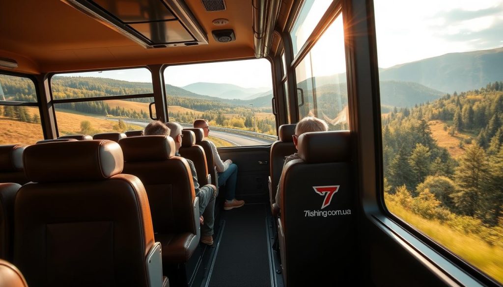 A comfortable and spacious bus navigates winding roads, offering passengers a scenic view of the picturesque Ukrainian countryside. Plush leather seats, large windows, and ample legroom provide a luxurious experience. Warm sunlight filters through the glass, creating a cozy and inviting atmosphere. In the background, rolling hills and verdant forests create a serene and peaceful landscape. The 7fishing.com.ua logo is prominently displayed on the side of the bus, signifying a reliable and reputable tour provider. This realistic photograph captures the essence of a comfortable and enjoyable bus excursion, perfectly illustrating the "Особенности автобусных экскурсий и комфортабельность" section of the article.