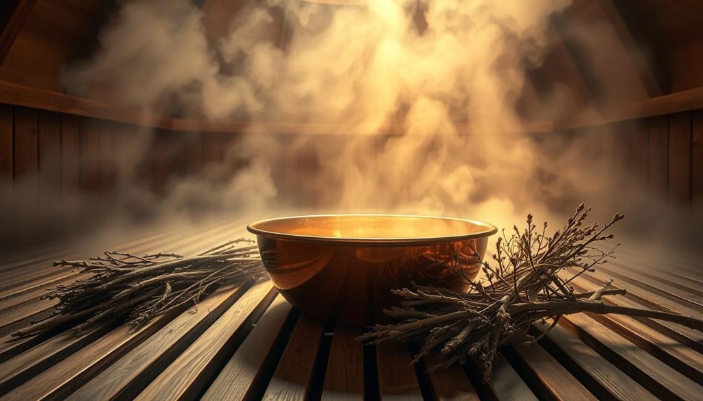 A copper basin resting on the wooden slatted floor of a traditional Russian bathhouse. Soft, warm lighting filters through the steam, creating an ethereal, meditative atmosphere. The basin's smooth, burnished surface reflects the flickering light, its elegant silhouette echoing the curvature of the domed ceiling above. Bundles of fresh birch branches are neatly arranged nearby, ready to be used for the ritual whipping. The air is thick with the earthy, soothing aroma of the heated copper, mingling with the fragrant steam. A sense of timeless tradition and restorative relaxation permeates the scene.