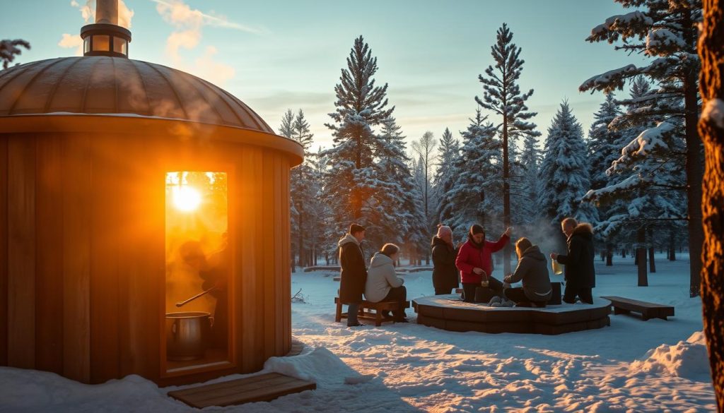 A cozy and atmospheric Russian banya set in a snowy winter landscape. In the foreground, a traditional wooden structure with a domed roof, smoke billowing from the chimney. Through the open door, a glimpse of the steamy interior with birch branches and stones in the stove. In the middle ground, a group of people enjoying the relaxing and invigorating experience, some pouring water on the hot stones to create the signature steam. In the background, a pine forest blanketed in snow, the setting sun casting a warm glow over the scene. Soft lighting illuminates the banya, creating a sense of tranquility and well-being. A serene and authentic representation of the Russian banya and its unique therapeutic benefits.