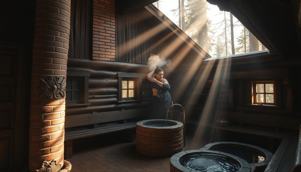 A cozy and authentic Russian bathhouse, the Русская баня, nestled in a picturesque forest setting. The exterior features traditional wooden architecture with intricate carved details, complemented by a brick chimney billowing with steam. The interior reveals a warm, dimly lit space, with wooden benches lining the walls and a central stone stove radiating heat. Shafts of sunlight filter through the small windows, casting a golden glow over the scene. The air is thick with the aroma of aromatic herbs and the soothing sound of water being poured over the hot stones. This tranquil and restorative environment embodies the centuries-old Russian tradition of bathing, promoting both physical and mental well-being.