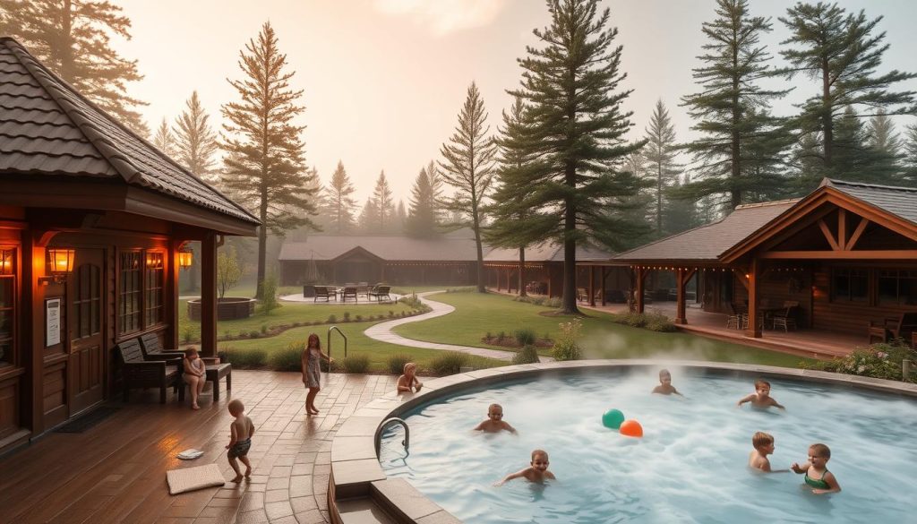 A cozy and inviting children's bathhouse complex set amidst a serene natural landscape. The foreground features a wooden structure with a tiled roof, its façade adorned with intricate carvings and warm lighting. Children play and splash in the steaming pool, their laughter filling the air. The middle ground showcases an expansive outdoor area with lush greenery, winding paths, and quaint seating arrangements. In the background, towering pine trees sway gently, creating a soothing and tranquil atmosphere. The lighting is soft and diffused, casting a golden glow that enhances the overall sense of comfort and relaxation. The entire scene evokes a harmonious blend of traditional Russian architecture and the rejuvenating power of nature.