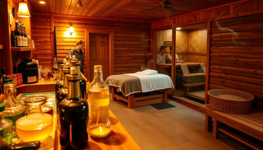 A cozy and inviting interior of a traditional Russian banya (sauna), showcasing the range of services offered. In the foreground, a well-stocked bar with a variety of infusions and refreshments, bathed in warm, ambient lighting. The middle ground features a massage table, where a masseuse provides a rejuvenating treatment. In the background, a wooden-paneled steam room, with wisps of steam curling through the air, inviting visitors to experience the invigorating heat. The overall atmosphere evokes a sense of relaxation, wellness, and the rich cultural heritage of Russian banya traditions.