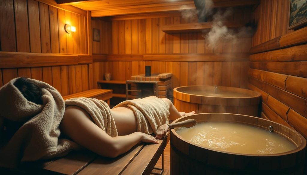 A cozy and inviting interior of a traditional Russian bathhouse (banya), with a relaxing atmosphere. In the foreground, a person lies on a wooden bench, their body draped in warm towels as they enjoy a soothing honey-based treatment. Soft, golden lighting casts a serene glow, and the air is filled with the gentle aroma of honey and steam. In the middle ground, a wooden tub or basin is situated, filled with a fragrant honey-infused mixture, ready for immersion. The background features the classic banya design, with wooden paneling, a brick stove, and a tranquil ambiance, conveying the ancient tradition and wellness benefits of this centuries-old Russian ritual.