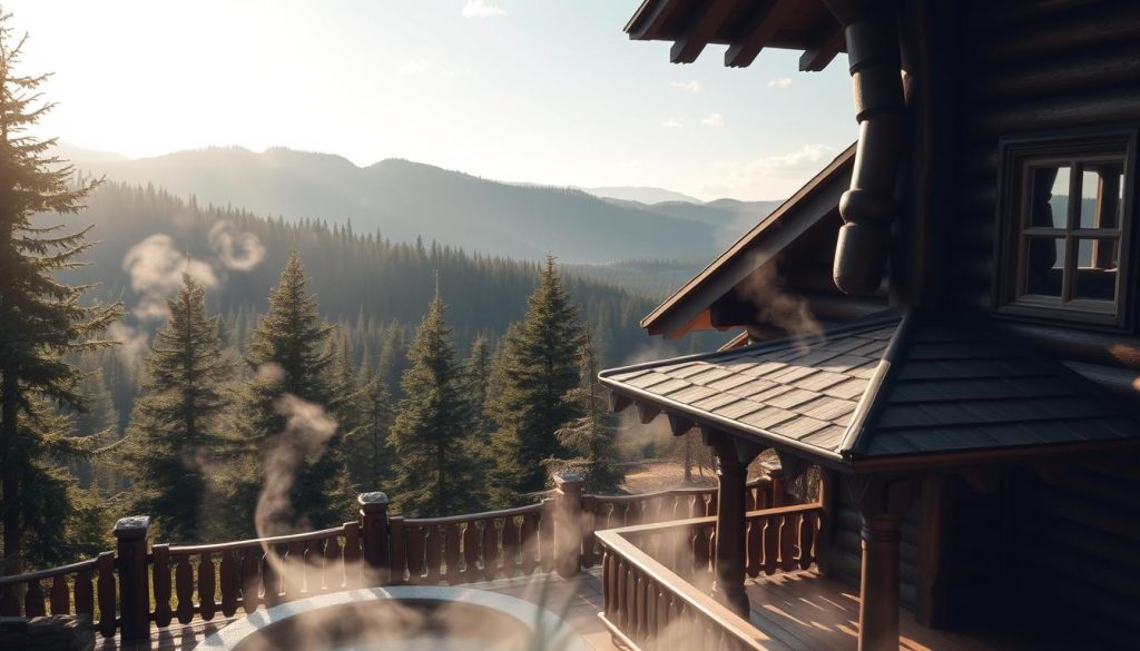 A cozy and inviting mountain spa nestled in the heart of the Carpathian mountains. In the foreground, a traditional wooden bathhouse with a towering chimney and intricately carved details. Wisps of steam escape from the roof, hinting at the soothing warmth within. The middle ground reveals a tranquil natural setting, with lush evergreen forests and rolling hills in the distance. Warm golden light filters through the windows, casting a soft glow over the scene. The atmosphere is one of relaxation and rejuvenation, inviting visitors to immerse themselves in the healing powers of the Carpathian baths.