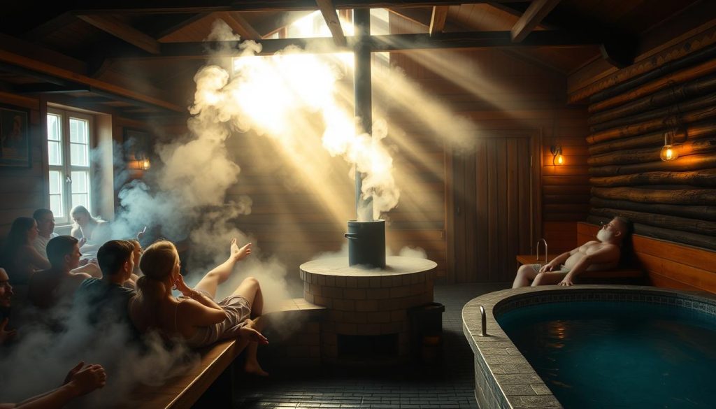 A cozy and inviting steam-filled bathhouse, with a rustic wooden interior and a soothing atmosphere. Sunlight filters through the windows, casting a warm glow on the room. In the foreground, a group of patrons relax on wooden benches, enjoying the therapeutic heat and the refreshing aroma of eucalyptus and other natural herbs. In the middle ground, a traditional wood-fired stove emanates a gentle heat, while in the background, a tranquil pool reflects the flickering light. The scene conveys a sense of rejuvenation, relaxation, and a connection to traditional Russian bathing culture.