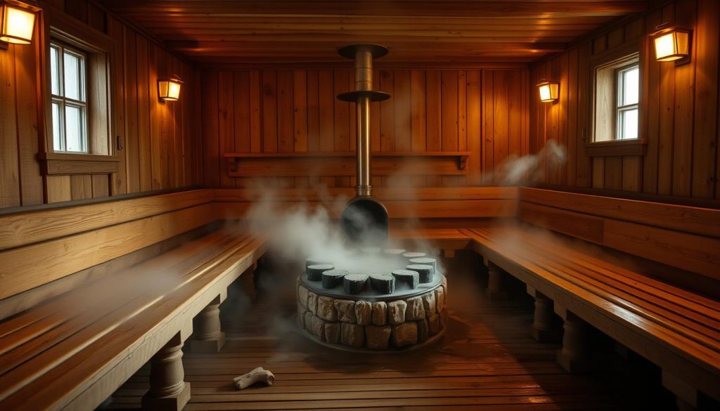 A cozy and inviting traditional Russian bathhouse (banya) interior, with wooden benches and walls, a central wood-fired stove, and steam rising from the heated stones. Soft, warm lighting casts a soothing glow, creating a relaxing and rejuvenating atmosphere. The scene evokes a sense of tranquility and wellness, with the steam and heat providing a therapeutic experience. The focus is on the central bathing area, framed by rustic architectural details and natural materials that immerse the viewer in the authentic spa-like setting.
