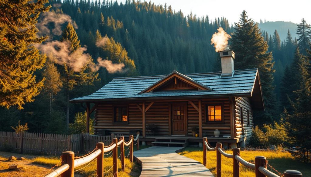 A cozy and rustic Carpathian bathhouse nestled in a lush, forested mountain landscape. The bathhouse's exterior features a traditional wooden facade with a peaked roof, blending seamlessly into the natural surroundings. Wisps of steam gently rise from the chimney, hinting at the soothing warmth within. The scene is bathed in a warm, golden light, casting a welcoming glow over the tranquil setting. In the foreground, a wooden pathway leads to the entrance, inviting visitors to step inside and experience the rejuvenating benefits of this Carpathian tradition.