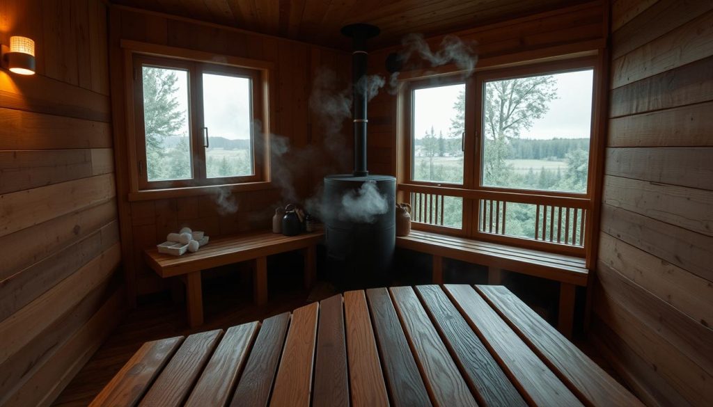 A cozy and rustic interior of a traditional Russian banya, or steam room. The scene features a wooden sauna bench in the foreground, with steam rising from a central stove. Soft, warm lighting illuminates the space, creating a serene and relaxing atmosphere. The walls are made of natural wood panels, adding to the authentic charm. In the background, a large window overlooks a tranquil outdoor scene, with lush greenery visible beyond. The overall mood is one of comfort, wellness, and rejuvenation, reflecting the optimal time for a banya visit.