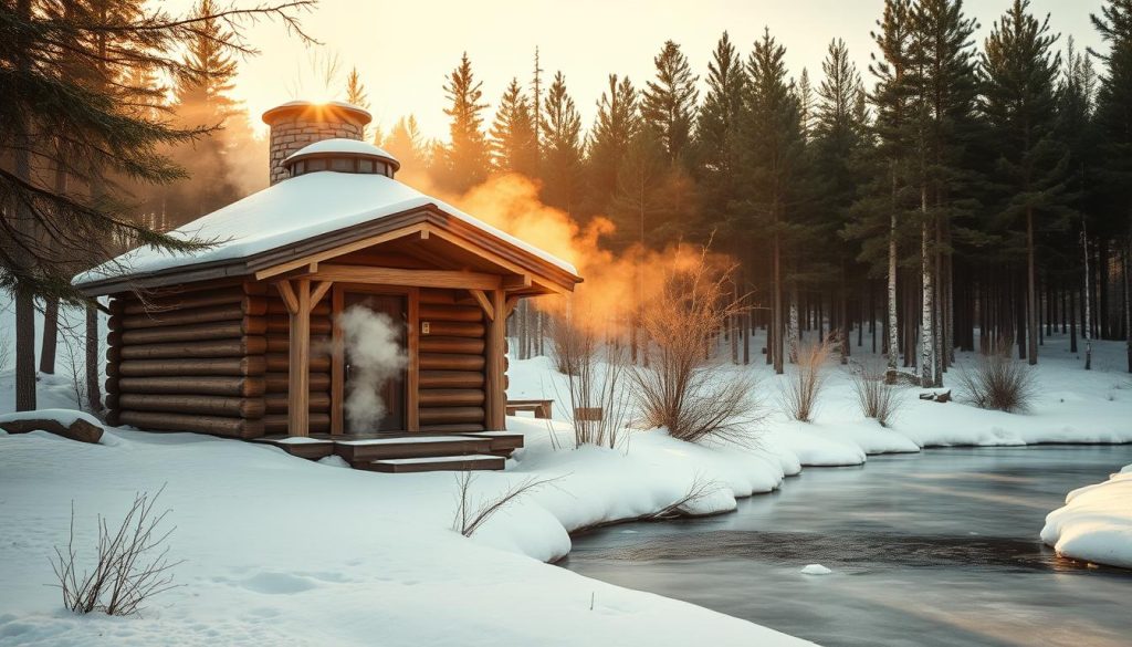 A cozy and rustic traditional Russian bathhouse (baня), nestled in a snowy winter landscape. The exterior features wooden logs, a stone chimney, and a domed roof. In the foreground, steam billows from the sauna's entrance, inviting visitors to step inside and experience the ritual cleansing. The middle ground showcases a frozen stream or pond, with birch trees lining the banks. In the background, a dense pine forest stands tall, creating a serene and peaceful atmosphere. The lighting is soft and warm, casting a golden glow over the scene, conveying a sense of timelessness and tradition.