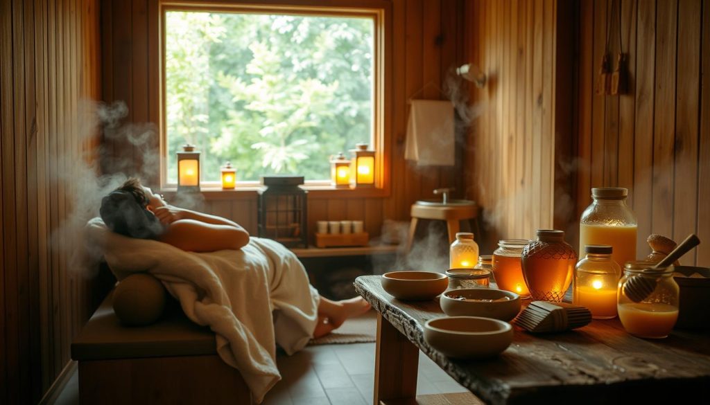 A cozy and serene bathhouse interior, with warm wooden paneling and a steam-filled atmosphere. In the foreground, a person reclines on a bench, wrapped in a soft, honey-infused towel, immersed in the therapeutic experience. The middle ground features various honey-based products, such as jars, brushes, and bowls, arranged neatly on a rustic wooden table. The background showcases the gentle glow of lanterns and the hint of verdant foliage outside, creating a tranquil, nature-inspired ambiance. The lighting is soft and diffused, accentuating the soothing, restorative mood of the scene.