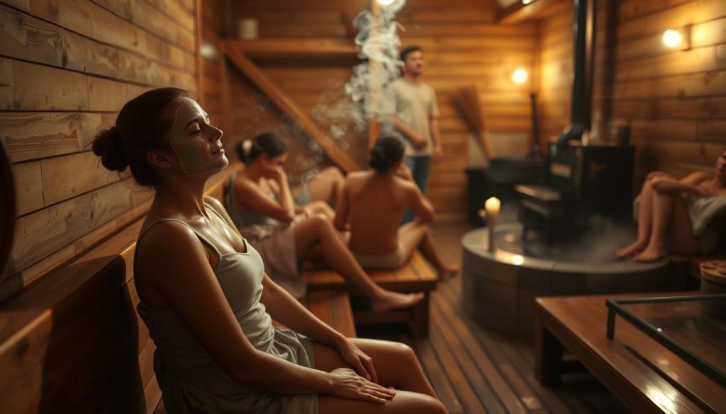 A cozy, dimly lit banya (Russian steam bath) interior. In the foreground, a woman sits on a wooden bench, relaxed and serene, as she undergoes a traditional skin-rejuvenating face mask treatment. Wisps of aromatic steam drift around her, adding to the tranquil atmosphere. In the middle ground, other bathers can be seen enjoying various wellness rituals, such as whisk massages and cooling water immersions. The background features wooden walls, a stove, and the warm glow of soft lighting, creating a sense of timeless, rustic elegance. The overall scene conveys the restorative and rejuvenating experience of a banya visit.