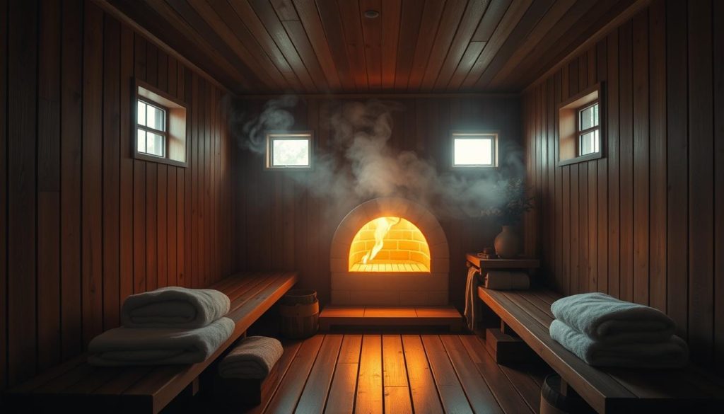 A cozy, dimly lit Finnish sauna interior with a wood-paneled walls, a bench running along the back wall, and a large stone oven emitting a warm, inviting glow. Soft, diffused lighting filters in through small windows, creating a romantic, relaxing atmosphere. Steam gently billows from the oven, filling the space with the soothing scent of birch and eucalyptus. A wood-slatted floor leads to the entryway, where plush towels and robes await. The overall scene evokes a sense of tranquility and rejuvenation, perfect for a romantic sauna experience.