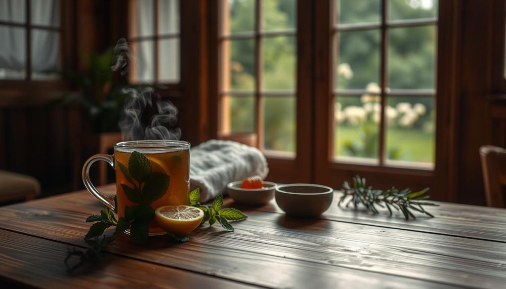 A cozy, dimly lit room with a wooden table in the foreground. On the table, a steaming mug of herbal tea surrounded by fresh mint leaves, lemon slices, and a few sprigs of rosemary. In the middle ground, a plush towel and a small bowl of honey sit next to the tea. The background features a window overlooking a peaceful garden, with soft, diffused lighting filtering in. The atmosphere is warm, relaxing, and inviting, evoking a sense of post-sauna rejuvenation.