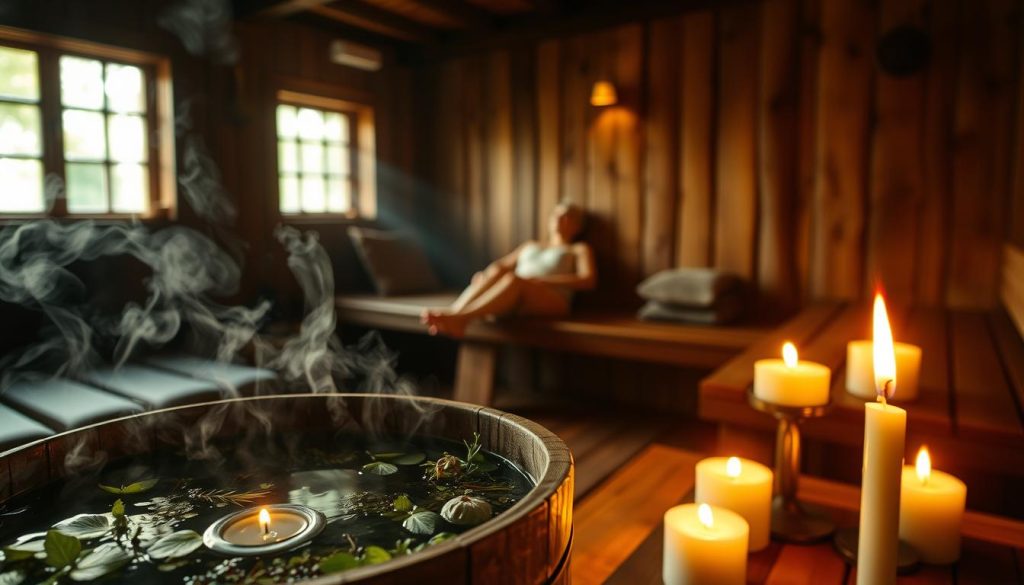 A cozy, dimly lit Russian bathhouse interior. In the foreground, a wooden bucket filled with aromatic herbs and essential oils, steam rising from the water within. Flickering candles cast a warm glow, illuminating the middle ground where a person relaxes on a wooden bench, inhaling the soothing scents. Soft, natural light filters through the windows, casting gentle shadows across the background of wooden walls and benches. A sense of tranquility and rejuvenation permeates the scene, as the therapeutic powers of aromatherapy merge with the restorative atmosphere of the banya.
