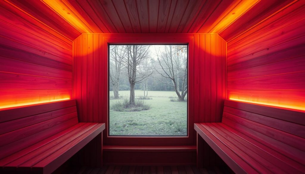 A cozy infrared sauna bathed in soothing, chromatic lighting. The cabin's wooden interior exudes warmth, with benches inviting guests to relax and unwind. Soft, muted colors of amber, crimson, and azure dance across the walls, creating a tranquil, therapeutic atmosphere. The air is infused with the gentle fragrance of essential oils, enhancing the restorative experience. A large window offers a glimpse of a serene, nature-inspired setting, further promoting a sense of harmony and well-being. The overall scene evokes a haven of rejuvenation, a space where mind and body can find balance and restoration.