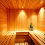 A cozy infrared sauna interior bathed in a warm, inviting glow. Polished wood panels line the walls, radiating a natural, soothing ambiance. Soft lighting casts a gentle, therapeutic atmosphere, creating a serene, calming space for relaxation and rejuvenation. Comfortable wooden benches invite visitors to recline and soak in the infrared heat, promoting deep muscle relaxation and detoxification. Subtle hints of natural elements, such as river stones or a verdant plant, add to the tranquil, spa-like atmosphere. The scene exudes a sense of tranquility and wellness, perfectly capturing the essence of a Ukrainian color therapy sauna.