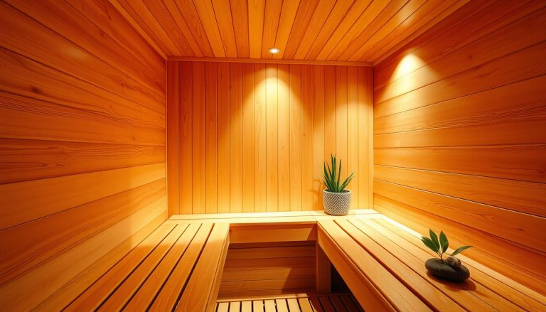 A cozy infrared sauna interior bathed in a warm, inviting glow. Polished wood panels line the walls, radiating a natural, soothing ambiance. Soft lighting casts a gentle, therapeutic atmosphere, creating a serene, calming space for relaxation and rejuvenation. Comfortable wooden benches invite visitors to recline and soak in the infrared heat, promoting deep muscle relaxation and detoxification. Subtle hints of natural elements, such as river stones or a verdant plant, add to the tranquil, spa-like atmosphere. The scene exudes a sense of tranquility and wellness, perfectly capturing the essence of a Ukrainian color therapy sauna.