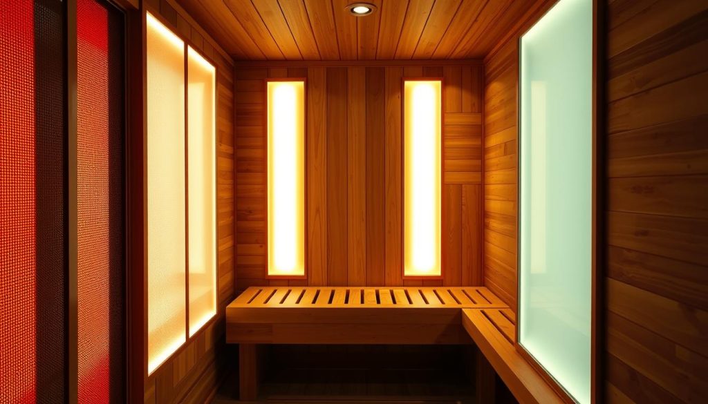 A cozy infrared sauna interior with rich, warm tones. The foreground features sleek, modern infrared heating panels lining the walls, emitting a gentle, therapeutic glow. The middle ground showcases a comfortable wooden bench, inviting visitors to relax and soak in the soothing heat. The background depicts a serene, minimalist design with natural wood accents, creating a tranquil, spa-like ambiance. Soft, diffused lighting casts a calming atmosphere, while the overall composition highlights the health benefits and relaxing experience of infrared sauna therapy.