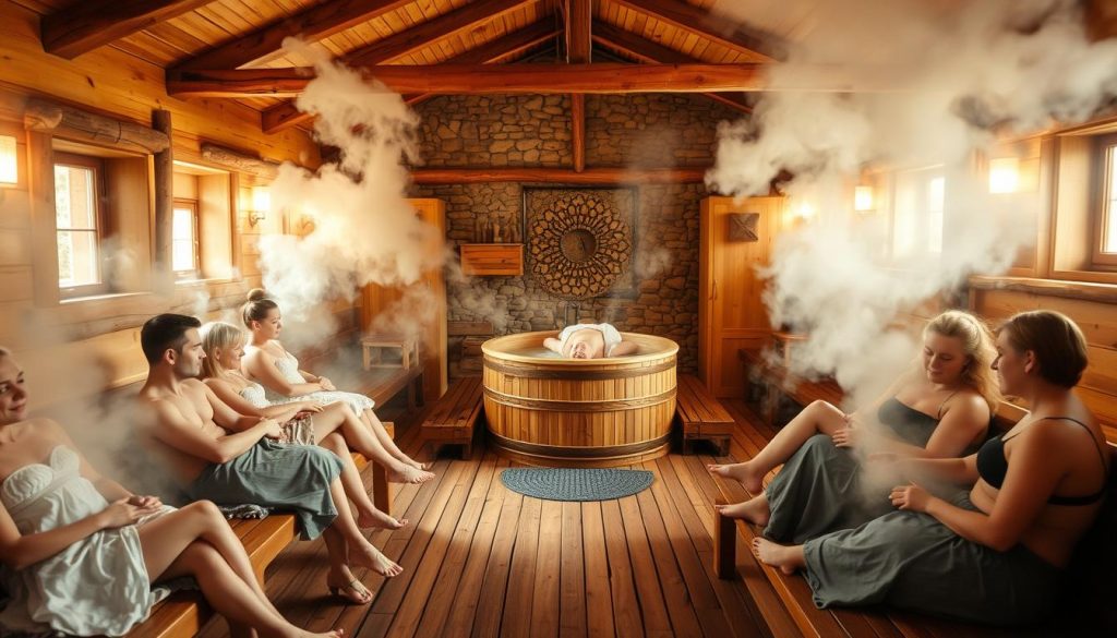 A cozy interior of a traditional Russian banya, with steam-filled air and the warm glow of wood-fired stoves. In the foreground, people relax on wooden benches, enjoying a variety of spa treatments - from exfoliating body scrubs to refreshing cold water plunges. The middle ground features a central wooden tub, where a masseuse performs a soothing massage. The background showcases the banya's rustic architectural details, such as wooden beams and stone walls. The lighting is soft and natural, creating a serene and tranquil atmosphere, perfect for a holistic spa experience.